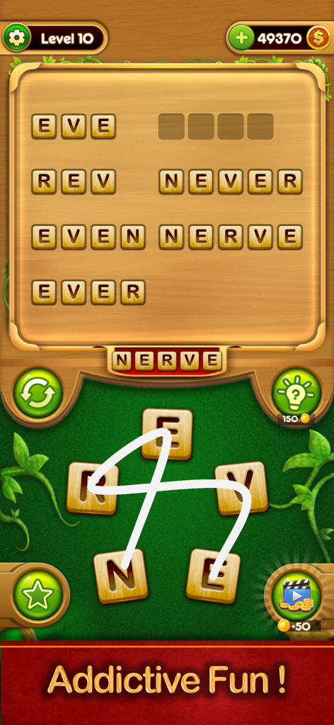 Pantalla de juego de Word Connect que muestra un crucigrama completado y la conexión de letras.