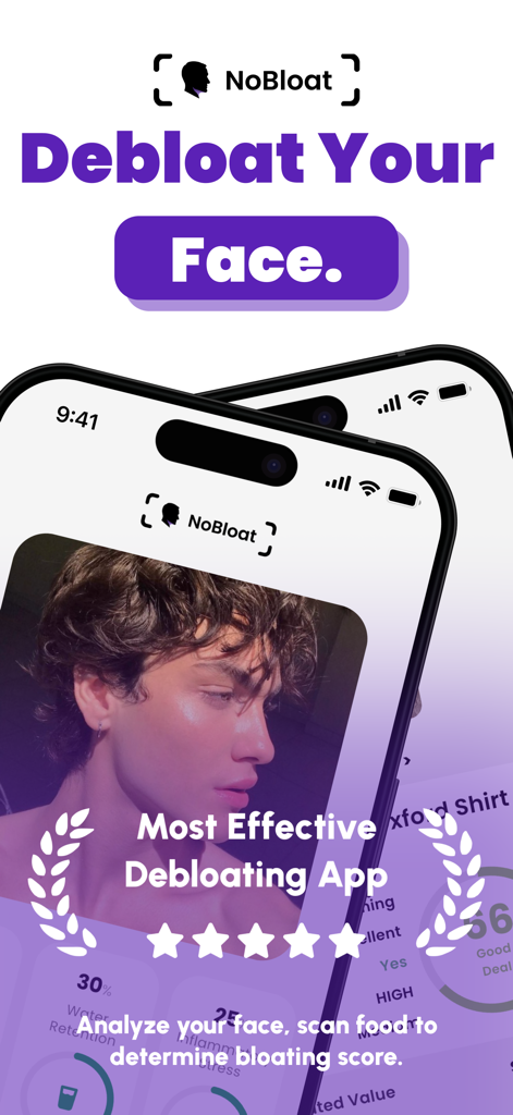NoBloat: Face Depuff AI - NoBloat Face Depuff AI app showing facial analysis and bloating score