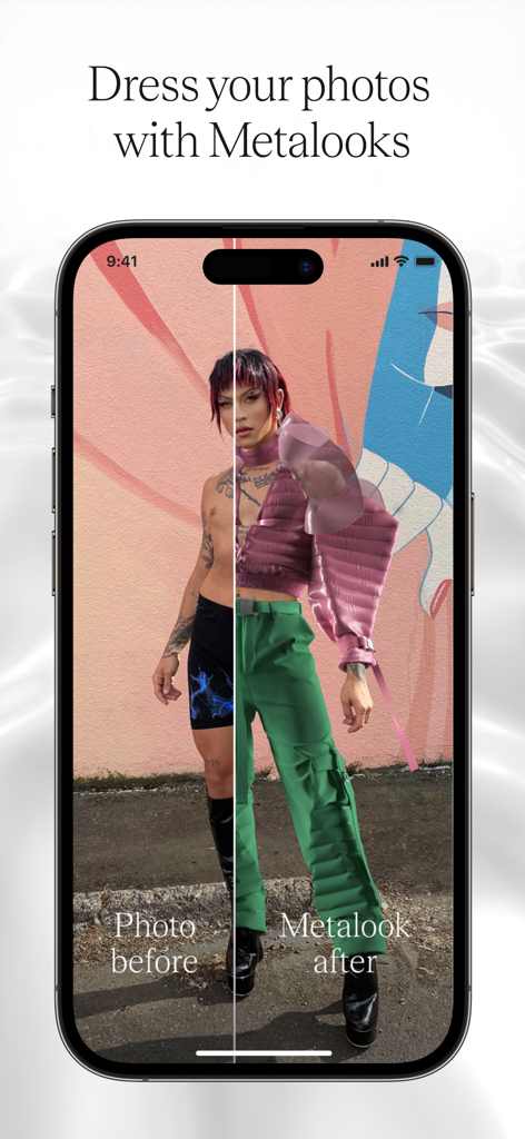 A split screen comparison showing a person before and after applying a digital fashion metalook in the app