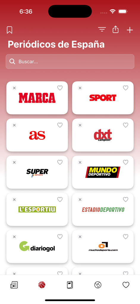 Periódicos de España - Interface do aplicativo Periódicos de España mostrando uma grade de logotipos de notícias esportivas espanholas