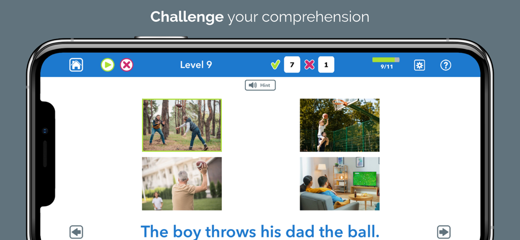 Un exercice de compréhension de lecture dans l'application Advanced Language Therapy Lite présentant des photos réalistes pour adultes.