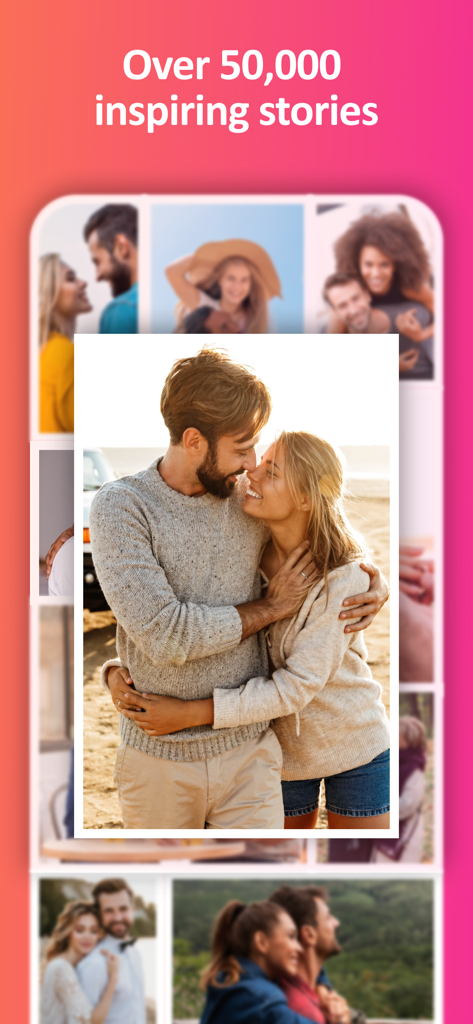 Eden: Christian Dating App - Écran marketing pour l'application de rencontre chrétienne Eden présentant des couples heureux et 50 000 histoires de réussite