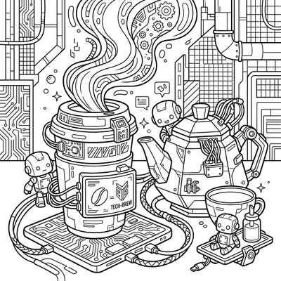 Step into a neo-futuristic cafe with this unique Cyberpunk Coffee & Tea coloring page, where traditional comfort meets high-tech design. Immerse yourself in a world of intricate wires, robotic companions, and steaming beverages, perfect for an engaging coloring session.