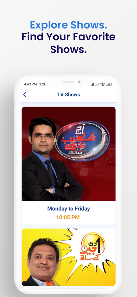 Tela de smartphone mostrando a seção de programas de TV do aplicativo Geo News Official com programas de notícias e apresentadores paquistaneses populares.