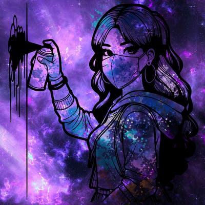 realistic girl with mask spray painting a wall