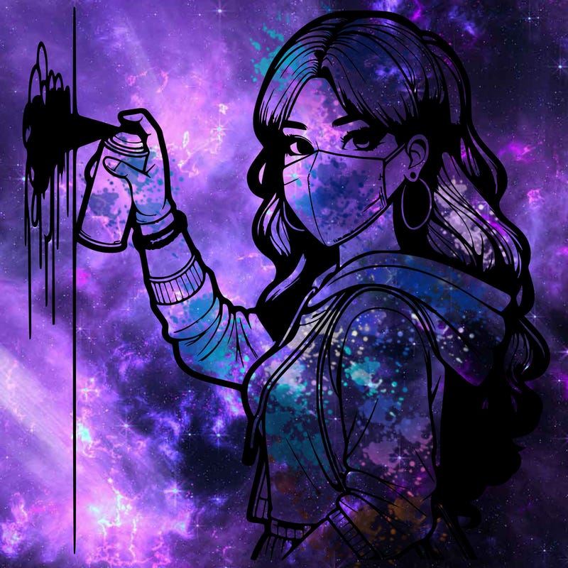 realistic girl with mask spray painting a wall