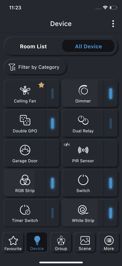 PIXIE PLUS - The PIXIE PLUS app dashboard showing a grid of connected smart home devices including ceiling fans dimmers and light switches