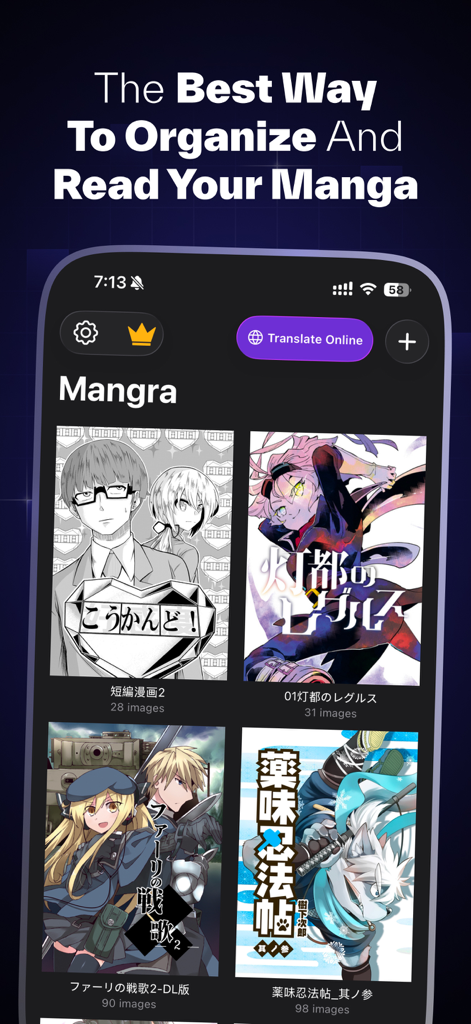 Manga Translator – Mangra - Mangra app interface showing a library of organized manga covers with a translate online button