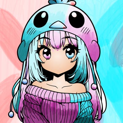 anime girl with chick shaped hat with sweater with bare shoulders with bangs covering them one eye with low tail