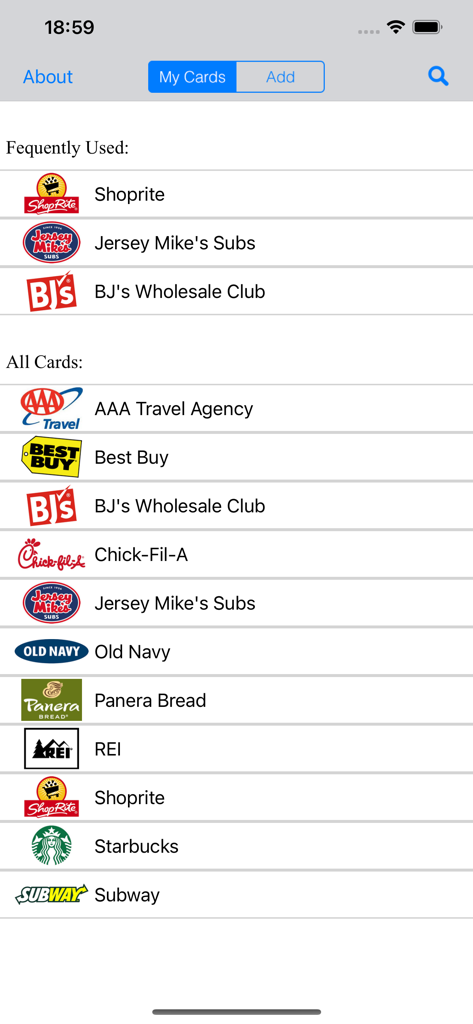Card Yard - A screen in the Card Yard app displaying a list of stored loyalty and membership cards with a frequently used section.