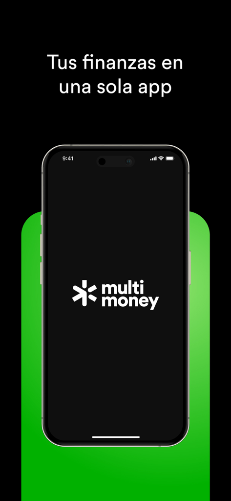 MultiMoney app splash screen on an iPhone displaying the slogan Tus finanzas en una sola app