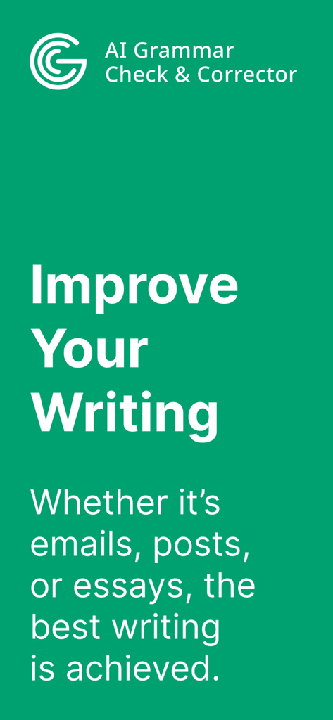 Promotional banner for AI Grammar Check and Corrector with the text Improve Your Writing on a green background