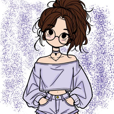 girl with a messy ponytail glasses a baggy crop top and jean shorts