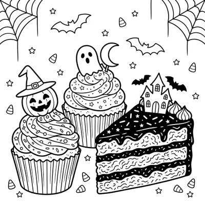 Dive into a world of delicious frights with this enchanting Halloween-themed coloring page, featuring an array of spooky sweet treats. Perfect for a cozy autumn afternoon, these festive desserts are waiting for your creative touch to bring them to life.