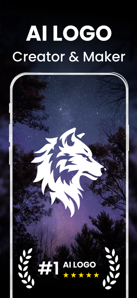 AI Logo Maker & Art Generator - AI Logo Maker app interface showing a professional white wolf logo design over a starry background