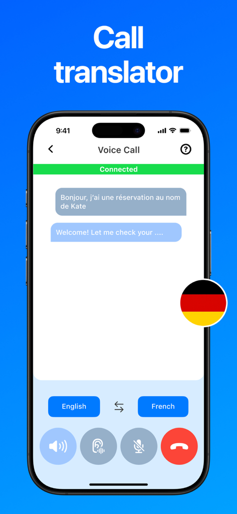 Screenshot of the AI Lissa app demonstrating real-time voice call translation between English and French.