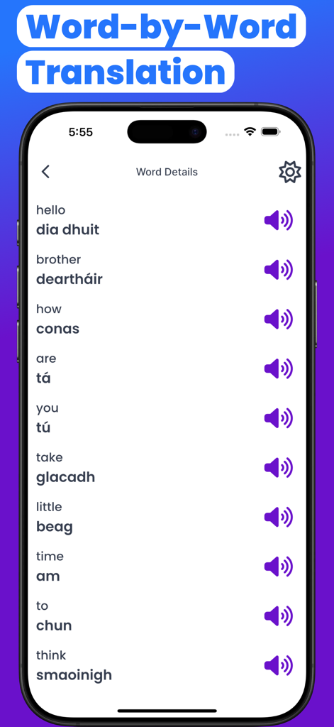 Irish and English word by word translation list with audio pronunciation icons