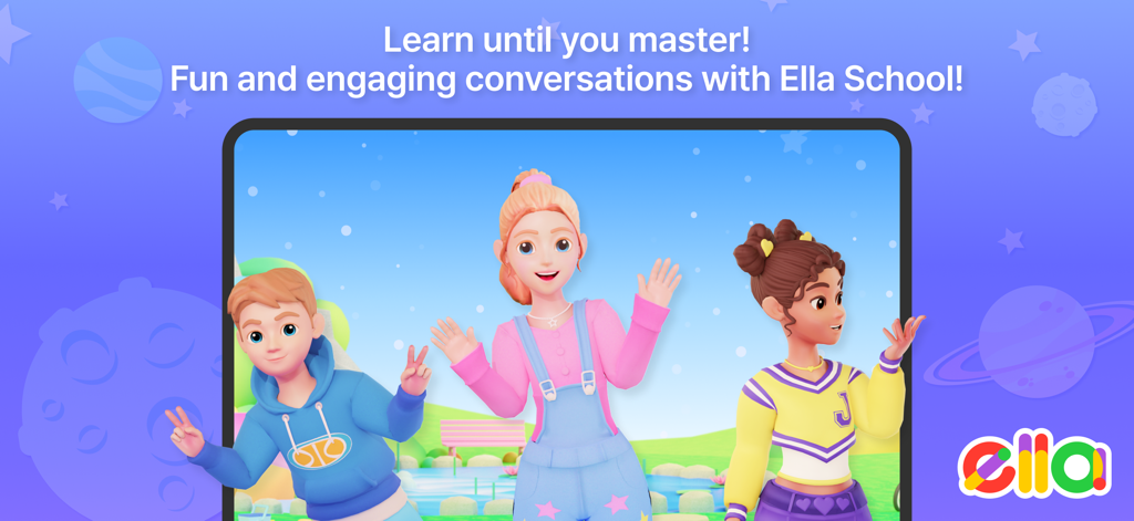 Ella School - English Learning - Three animated children characters inside the Ella School English learning app interface