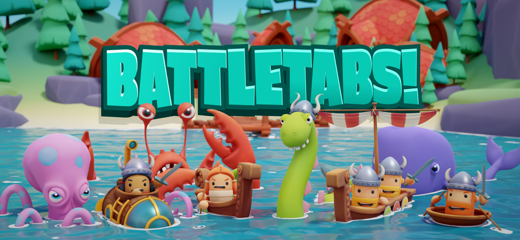 Colorful promotional artwork for BattleTabs.io featuring cartoon vikings on boats and various sea monsters in the water.