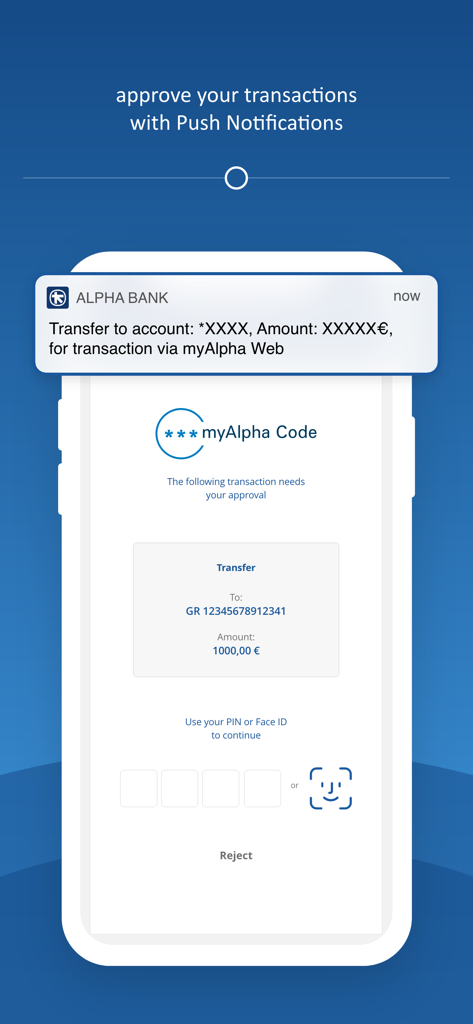 Capture d'écran affichant une notification push pour l'approbation d'un virement bancaire utilisant l'authentification biométrique sur l'application mobile myAlpha.