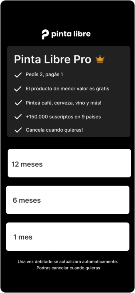 Tela de assinatura do Pinta Libre Pro mostrando benefícios de 2 por 1 em bebidas e opções de assinatura mensal ou anual