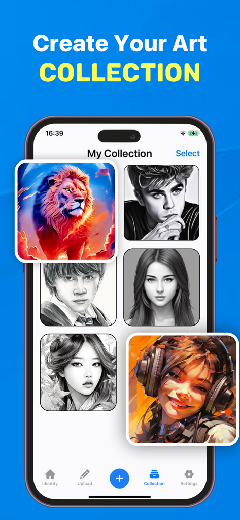 AR Drawing Tracing Projector - A smartphone display showing a gallery of digital drawings and sketches within the AR Drawing app collection screen