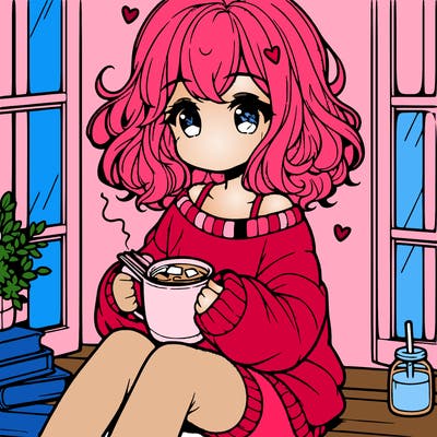 cute anime girl reading book and drinking hot chocolate from mug with loose wavy hair wearing a baggy sweatshirt and shorts sitting by windowsill looking out
