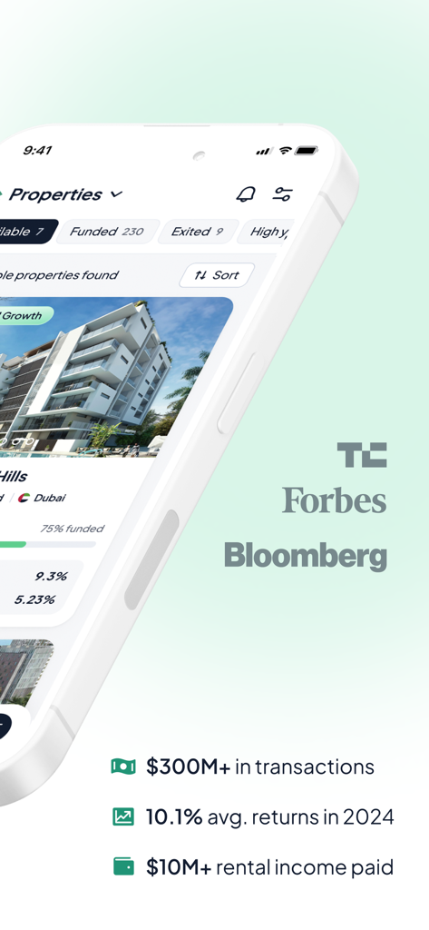 Stake: Real Estate Investing - Smartphone screen showing the Stake real estate investing app with property listings and financial performance statistics