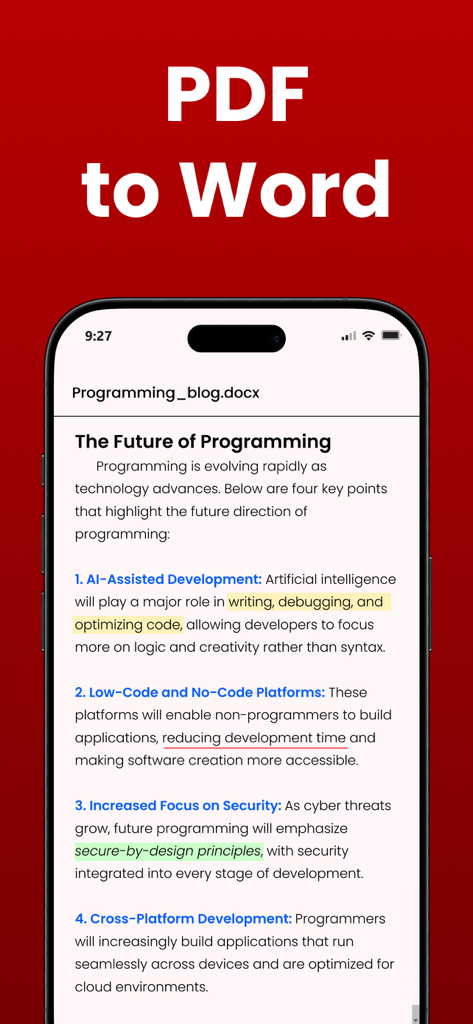 iPhone에서 PDF를 Word로 변환하는 기능을 보여주는 PDF 변환기 앱의 인터페이스