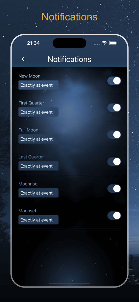 Notification settings for moon phases and lunar events
