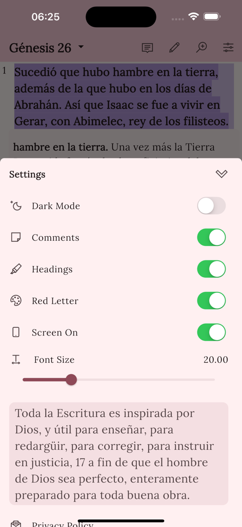 Biblia Estudio de MacArthur - Pantalla de ajustes de la aplicación Biblia Estudio de MacArthur con opciones de personalización de lectura.