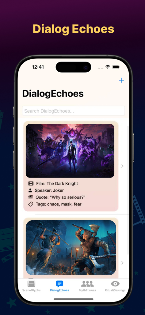 A mobile screenshot of the Webstream app showing the Dialog Echoes section with a saved movie quote from The Dark Knight and associated analysis tags.