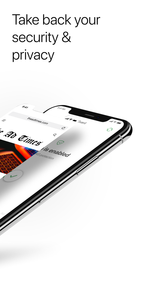 AdGuard Pro App-Oberfläche auf einem iPhone mit der Überschrift „Holen Sie sich Ihre Sicherheit und Privatsphäre zurück“