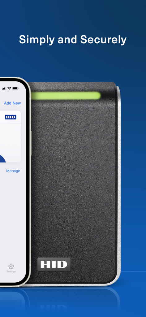 HID Mobile Access - An iPhone displaying the HID Mobile Access app next to a secure door reader with a green indicator light