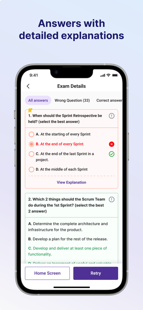 PgMP Exam Simulator - Interfaz del Simulador de Examen PgMP que muestra explicaciones detalladas de las preguntas y respuestas del examen de práctica.
