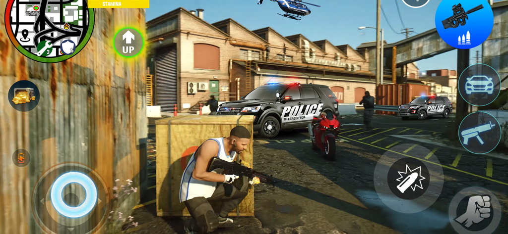 Gangster Games Crime Simulator - Third person gameplay screenshot of a character with a rifle hiding from police cars and a helicopter in an industrial area.