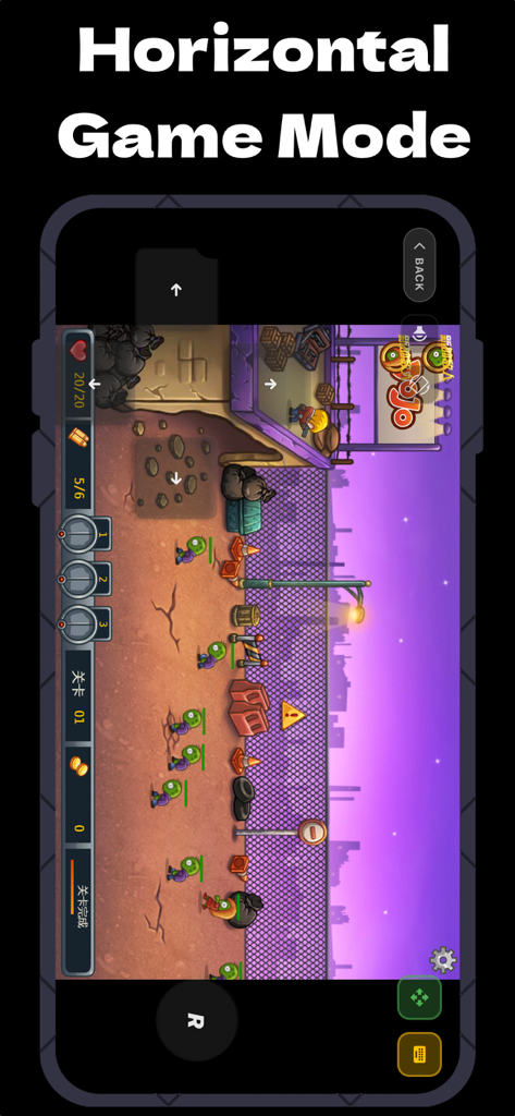 PocketFlash mobile app displaying an SWF game in horizontal mode with custom on-screen controls