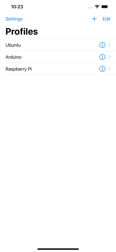 AirTerminal - BLE Terminal - AirTerminal app profiles screen listing Ubuntu Arduino and Raspberry Pi connections
