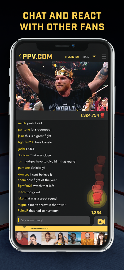 PPV.COM mobile app interface displaying a live boxing match with an interactive fan chat and video reaction feed