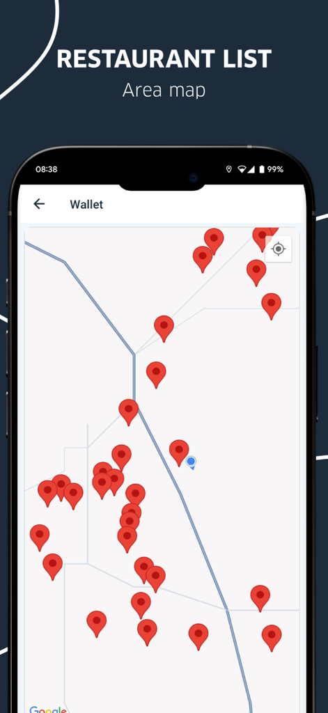 Lunch-Check - Lunch-Check app area map displaying nearby restaurant locations with red pins
