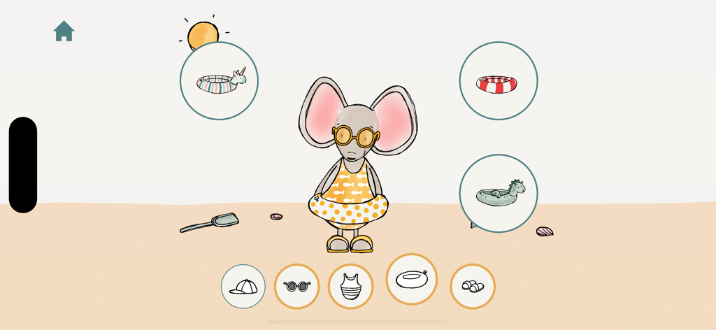 Hand-drawn Little Mouse character in a summer themed dress-up game with beach accessories and floats