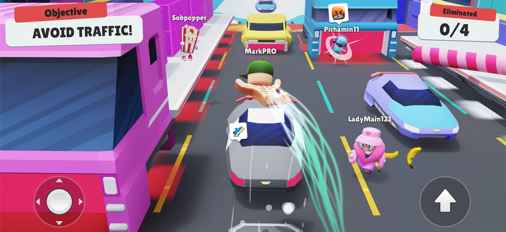 Stumble Guys - Gameplay de Stumble Guys montrant des personnages esquivant des voitures colorées dans le mini-jeu d'évitement de trafic