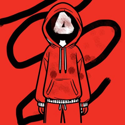 faceless girl in a tracksuit with a hood on and no hair