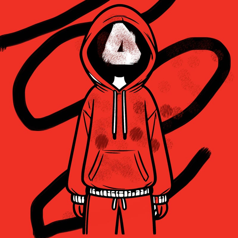 faceless girl in a tracksuit with a hood on and no hair