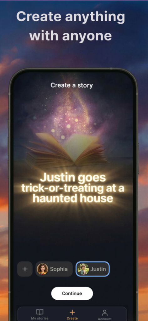 Fable: The AI Story Generator - Mobile app interface of Fable showing the creation of a personalized AI story for a child named Justin.