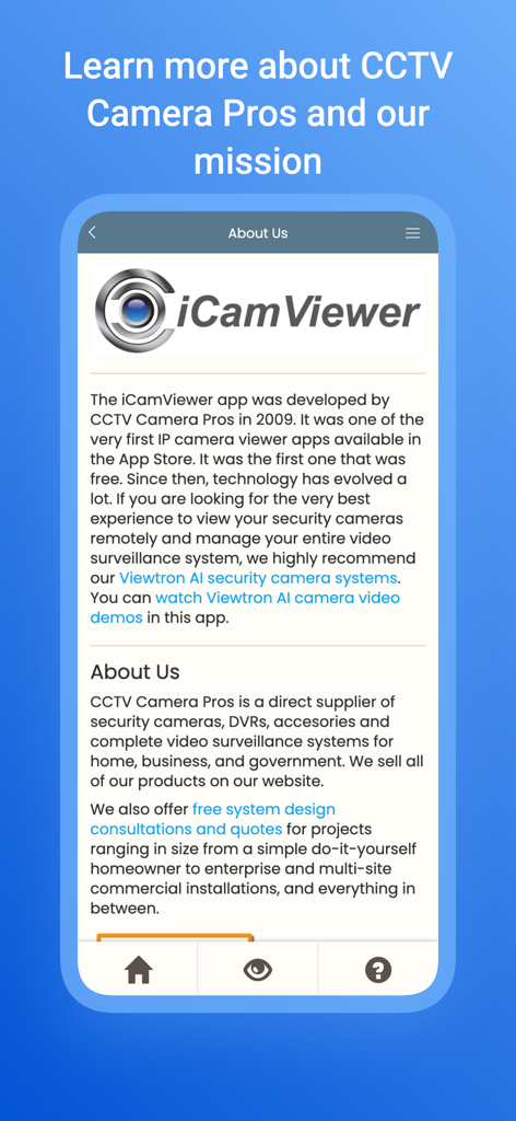 iCamViewer: IP Camera Viewer - The About Us screen of the iCamViewer app displaying information about CCTV Camera Pros.