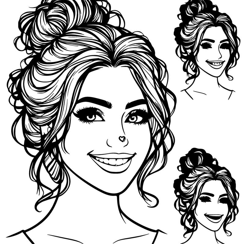 beautiful woman nose and smile messy bun realistic