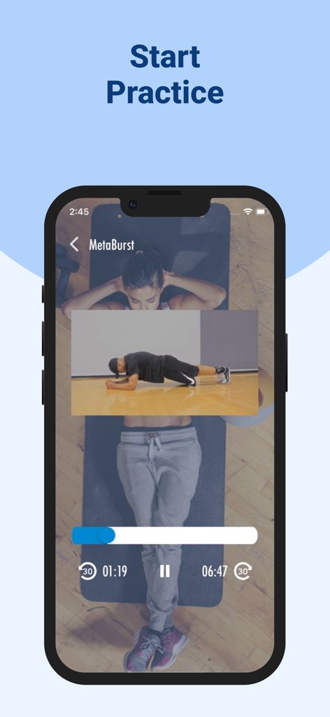 PhysioCare ~  Injury Rehab - Una pantalla de smartphone que muestra un video de ejercicio de fisioterapia de la aplicación PhysioCare
