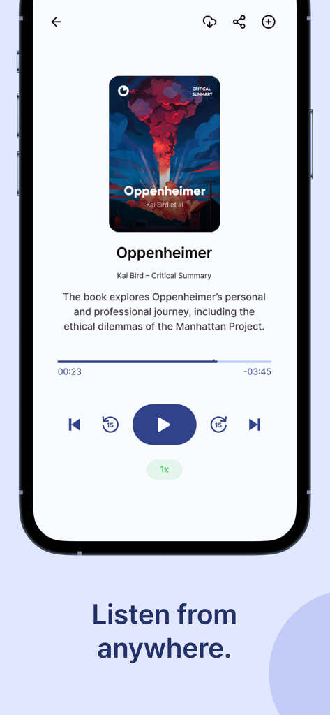 12min: Book Summaries Daily - 12min app audio player interface featuring the Oppenheimer book summary