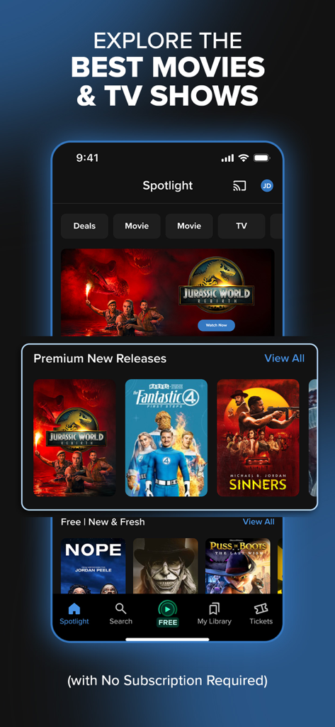 Fandango at Home: Movies & TV - Fandango at Homeアプリのスポットライトセクション。プレミアム映画リリースと無料コンテンツが表示されています。